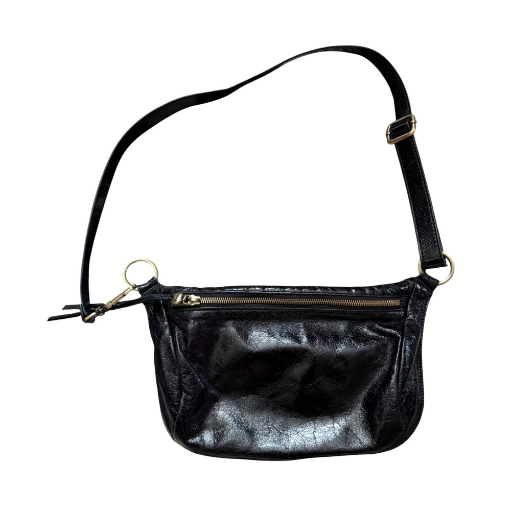 Hobo Crossbody Bag Women OS Black Distressed Patent Leather Sling Zip Pocket